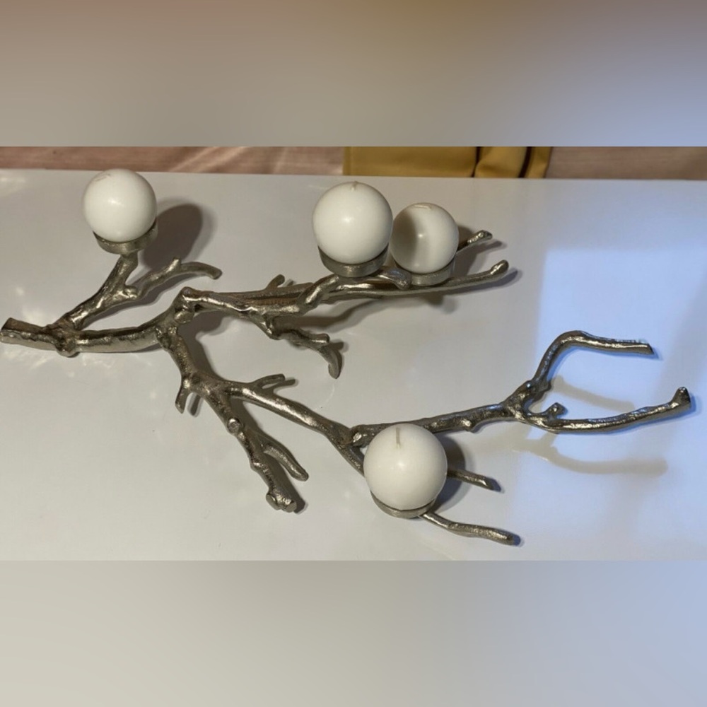 Silver Branch Candle Holder with White Candles